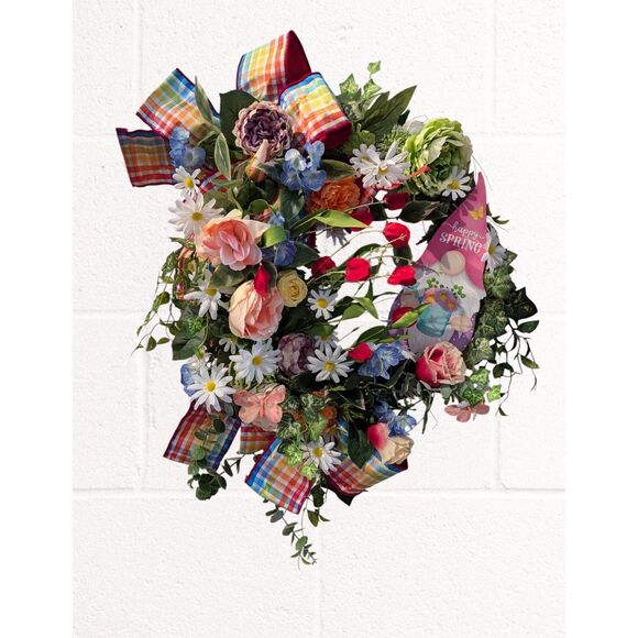 Custom MadeGnome Spring Wreath Made with oval Grapevine wreath form.